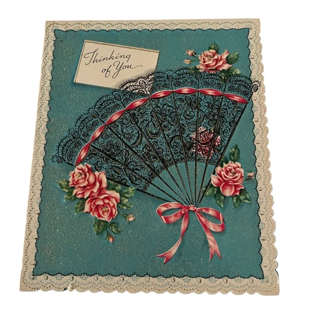 Unused Vintage 50s Thinking of You Card Fan and Roses Scalloped Friendship